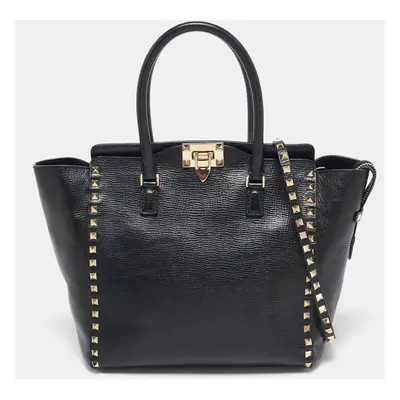 Valentino Black Leather Rockstud Trapeze Tote