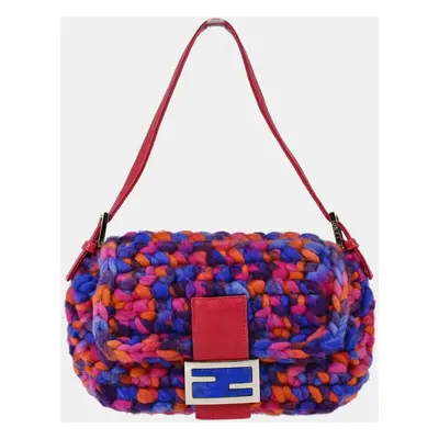 Fendi Blue Pink Wool Baguette Handbag