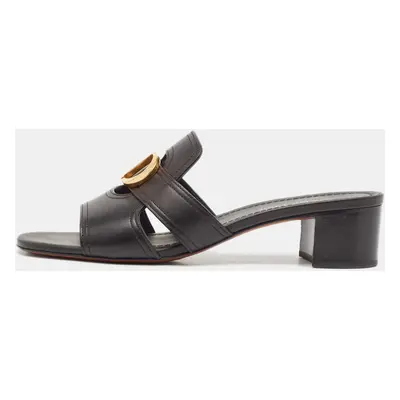 Dior Black Leather Montaigne Block Heel Slide Sandals Size