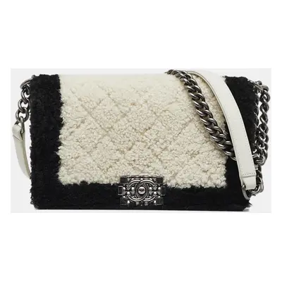 Chanel Black White Medium Shearling Boy Flap