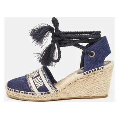 Dior Navy Blue Canvas and Knit Fabric Granville Wedge Sandals Size