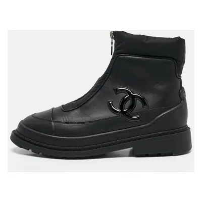 Chanel Black Leather and Nylon CC Ankle Length Boots Size