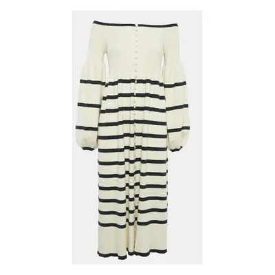 Joslin Off-White Rib Knit Stripe Off-Shoulder Button Detail Flared Midi Dress