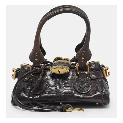 Chloe Dark Brown Lizard and Leather Small Paddington Crystals Satchel