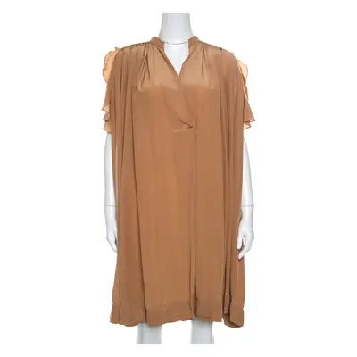 Chloe American Tan Crepe Silk Ruffled Sleeveless Billowy Dress