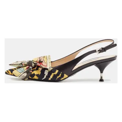 Prada Multicolor Leather and Fabric Bow Slingback Pumps Size