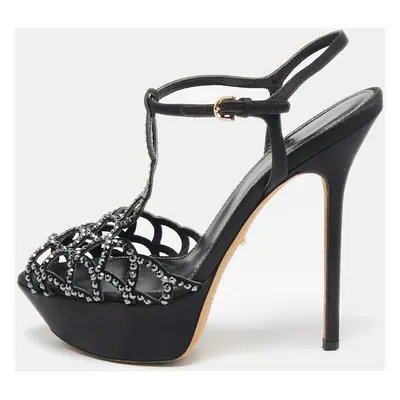 Sergio Rossi Black Satin Crystal Embellished Strappy Platform Sandals Size 37.5