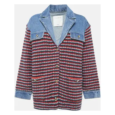 Sandro Blue/Multicolor Denim and Patterned Knit Button Front Jacket