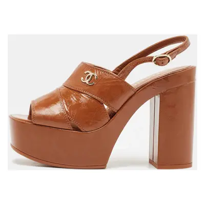 Chanel Brown Leather CC Ankle Strap Platform Sandals Size