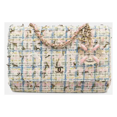 Chanel Pink White Quilted Boucle Tweed Charm Wallet On Chain