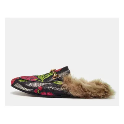 Gucci Multicolor Floral Brocade Fabric and Fur Lined Princetown Flat Mules Size