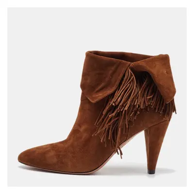 Aquazzura Brown Suede Fringe Detail Ankle Length Boots Size 38.5