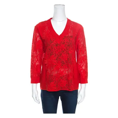 Ermanno Scervino Red Lace Paneled V Neck Sweater