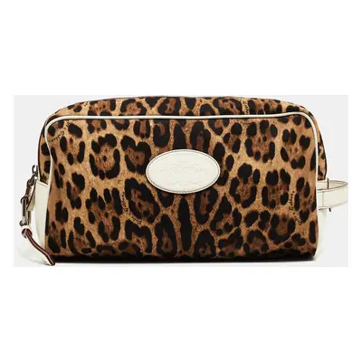 Dolce & Gabbana White/Brown Leopard Print Fabric and Leather Cosmetic Pouch