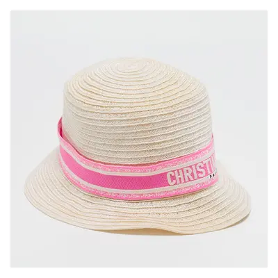 Christian Dior Ivory/Pink Logo Detail Straw Dioresort Hat