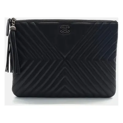 Chanel Black Leather Chevron Clutch New Medium