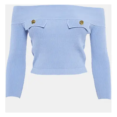 Elisabetta Franchi Blue Knit Off-Shoulder Crop Sweater Top