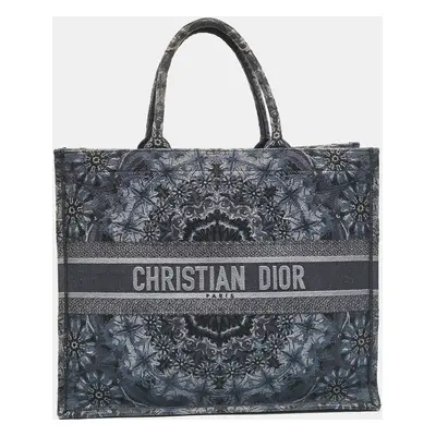 Dior Navy Blue Flower Embroidered Denim Large Book Tote