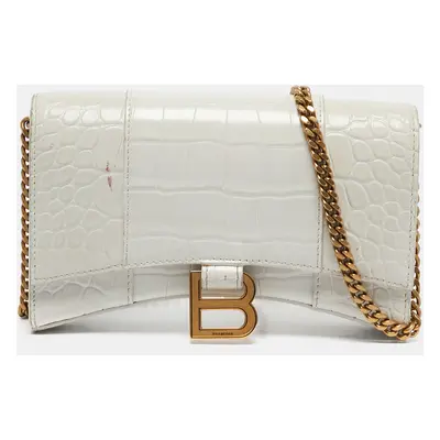 Balenciaga White Croc Embossed Leather Hourglass Wallet on Chain