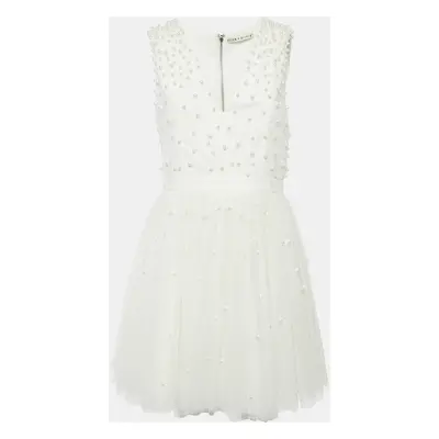 Alice + Olivia White Beads Embroidered Tulle Flared Mini Dress