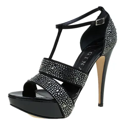 Gina Black Crystal Embellished Leather T Strap Platform Sandals Size