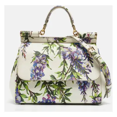 Dolce & Gabbana White/Multicolor Printed Leather Miss Sicily Top Handle Bag