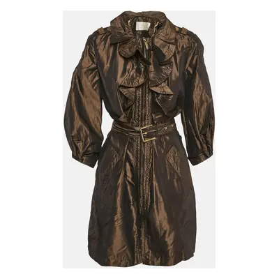 Roberto Cavalli Metallic/Brown Silk Ruffled Zip-Up Trench Coat