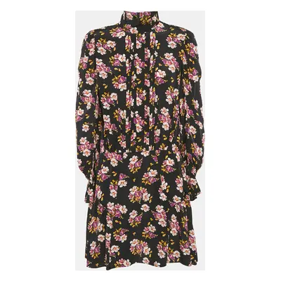 Zadig & Voltaire Black Floral Print Silk Pleated Rabbi Peonies Show Short Dress