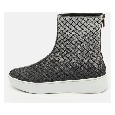 Bottega Veneta Black/Silver Intrecciato Metallic Lurex Fabric Sneaker Boots Size