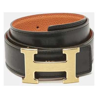 Hermes Orange/Black Togo and Box Leather H Buckle Reversible Buckle Belt 75CM