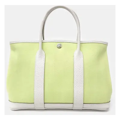 Hermes White Yellow Canvas and Leather Garden Party bag