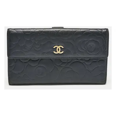 Chanel Navy Blue Leather Camellia Trifold Continental Wallet