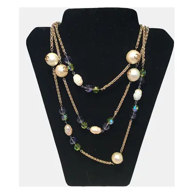 Chanel Vintage Large Pearls And Green And Purple Crystal Bead Gold Necklace