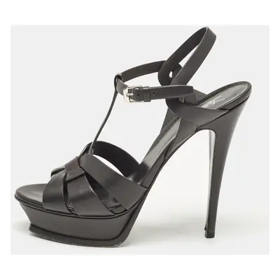 Saint Laurent Black Leather Tribute Platform Ankle Strap Sandals Size