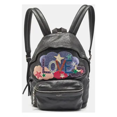 Saint Laurent Black Leather and Canvas Mini Love Appliqué City Backpack