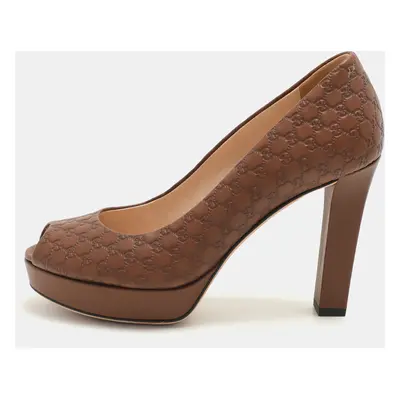 Gucci Brown Microguccissima Leather Peep Toe Platform Pumps Size