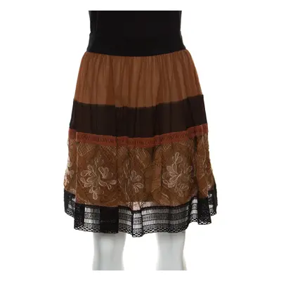 Alberta Ferretti Brown Silk Colorblock Lace Panel Detail Gathered Skirt