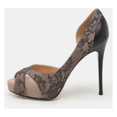 Valentino Beige/Black Lace and Leather Peep Toe Platform Pumps Size