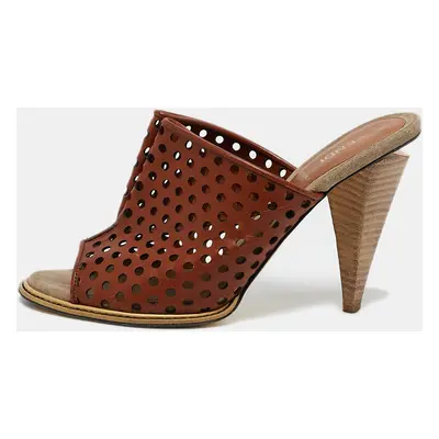 Fendi Brown Cut Out Leather Open Toe Slide Sandals Size