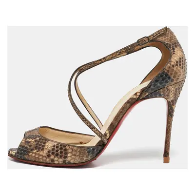 Christian Louboutin Two Tone Python Leather Peep Toe Cross Strap Sandals Size