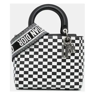 Dior Black White Leather Medium Checkered Lady Dior Tote Bag