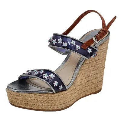 Dior Blue/Brown PVC And Leather Flower Embellished Wedge Platform Espadrille Sandals Size 38.5