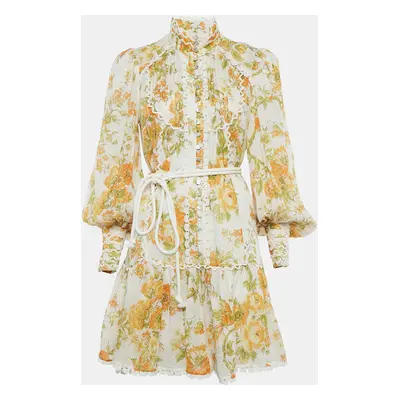 Alemais Yellow/Multicolor Floral Print Ramie Belted Flounce Mini Dress