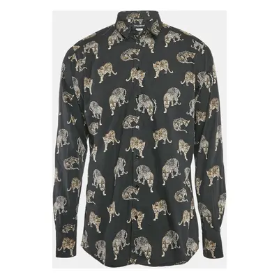 Dolce & Gabbana Gold Black Animal Print Cotton Button Front Shirt