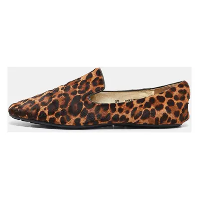 Jimmy Choo Brown Leopard Calf Hair Wheel Smoking Slippers Size