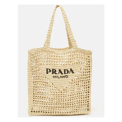 Prada Natural Straw Crochet Logo Vertical Tote