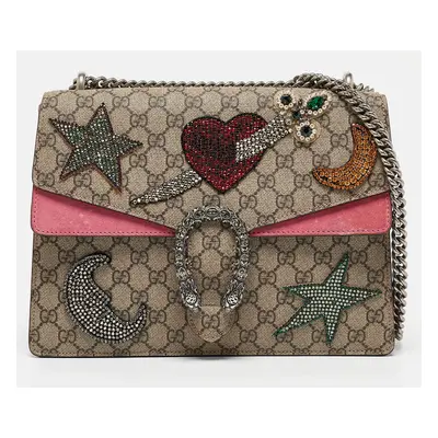 Gucci Beige/Pink GG Supreme Canvas and Suede Medium Crystals Embellished Dionysus Shoulder Bag