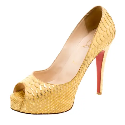 Christian Louboutin Metallic Gold Python Leather Altadama Peep Toe Pumps Size