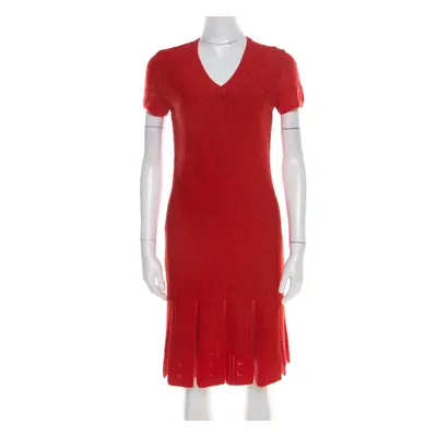 Roberto Cavalli Red Crochet Knit V Neck Godet Dress