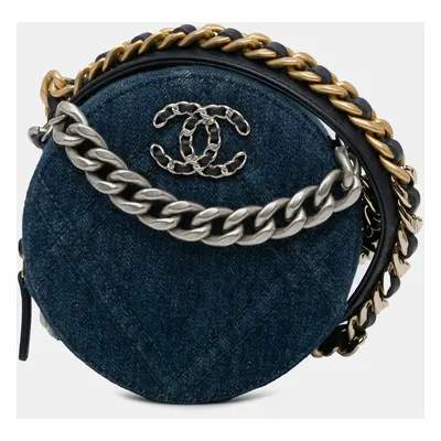 Chanel Navy Blue Denim Round Clutch with Chain